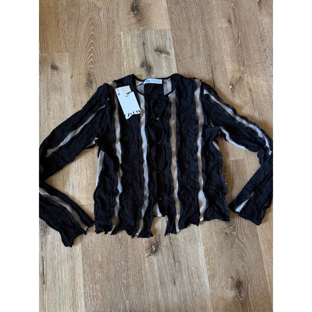Zara NWT Black Ruffled Sheer Mesh Shimmer Top Long Sleeve Hook‎ Eye Size S